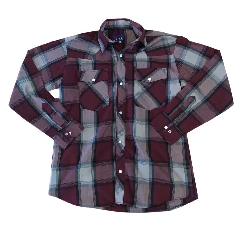 Western Pearl Snap Shirt Size 28 (Sm) Mens Burgundy Gray Plaid Alex Authentic
